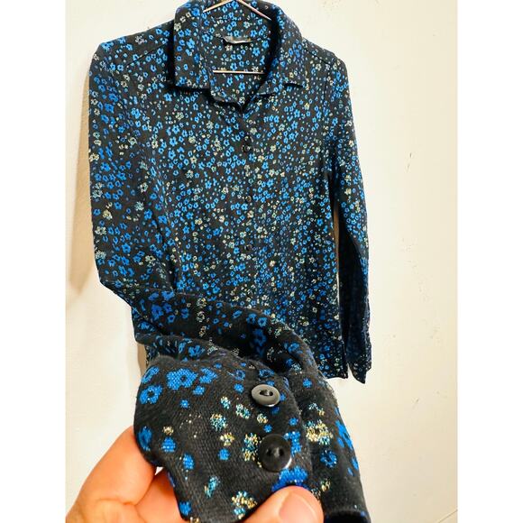 STINE GOYA Black Blue Metallic Button Front Floral Lucian Long Sleeve Top sz XS - Picture 13 of 15